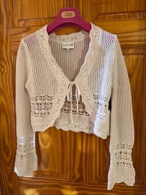 Freshman Ivory Crochet Tie-Front Cardigan